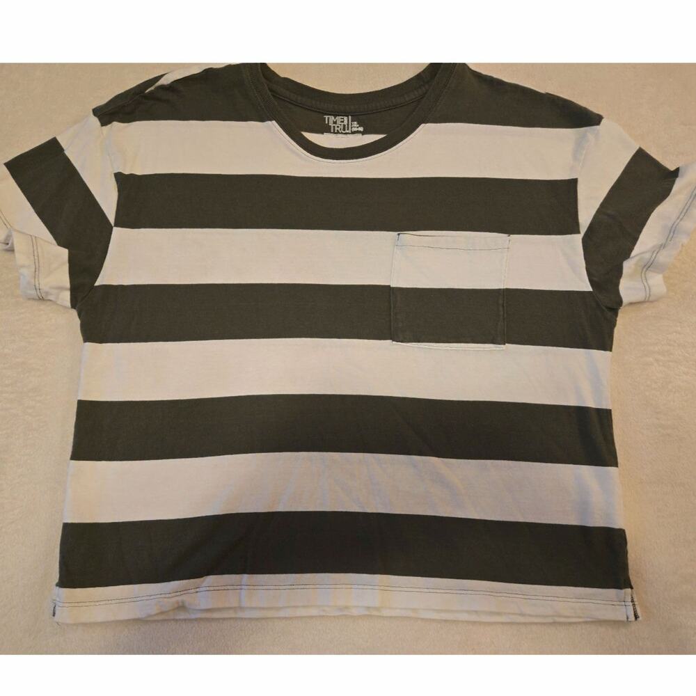 💙 Sz XL TIME AND TRU 💙 Olive Green White Shriped Boxy Fit Ringer T-Shirt 💙